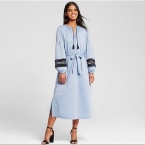 WHO WHAT WEAR Blue Chambray Embroidered Tassel Tie Midi Dress L Resortwear Boho